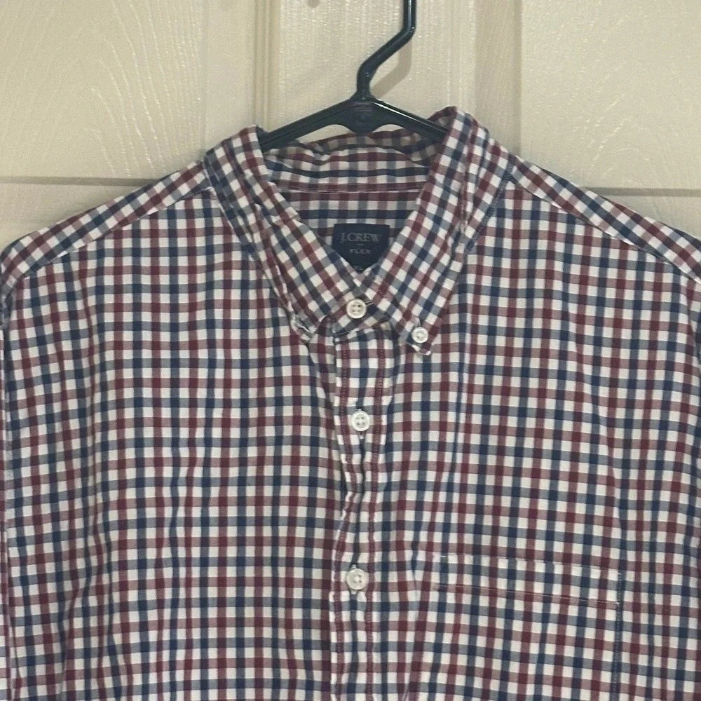 J.Crew Flex Mens XL Gingham Plaid Button Down Shirt‎ Navy Burgundy Long Sleeve